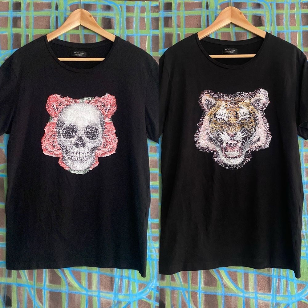 Zara Man skull/roses and tiger black t-shirt size Medium